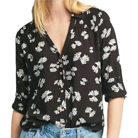 Anthropologie Maeve Black White Bow Print Shirt Long Sleeve Feminine Blouse 4 - Picture 2 of 16